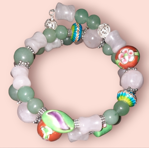 Sterling jadeite Lavender green gemstone Ceramic Cloisonne Bead 925 Bracelet